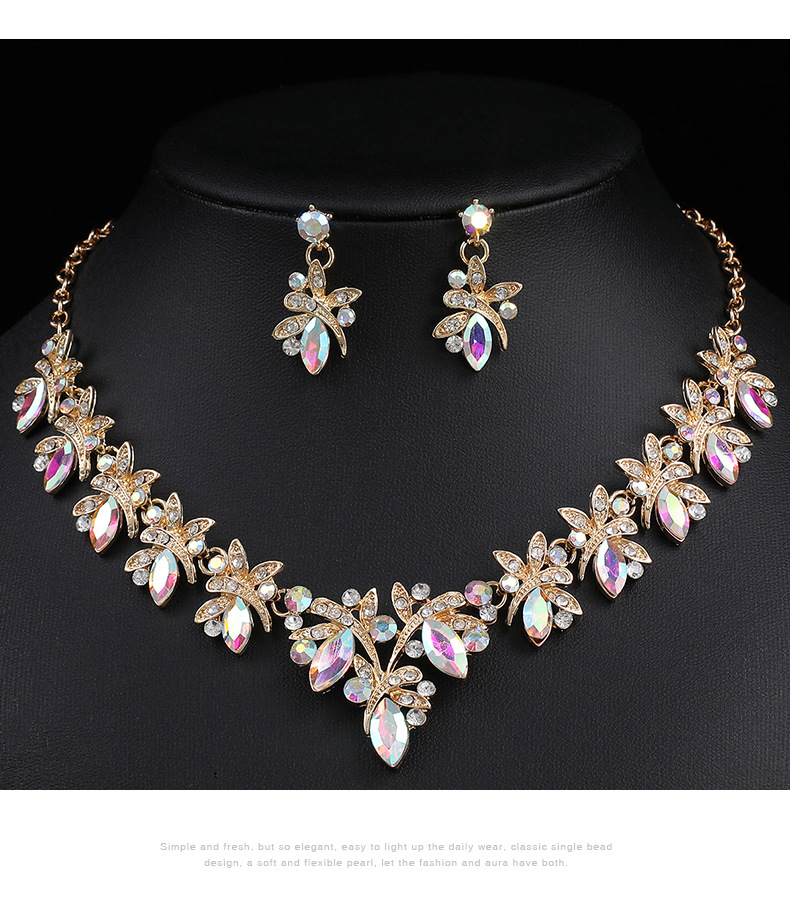 Set di orecchini e collana in lega di cristallo di vetro intarsiato con libellula, abito da sposa e accessori_voghion.com