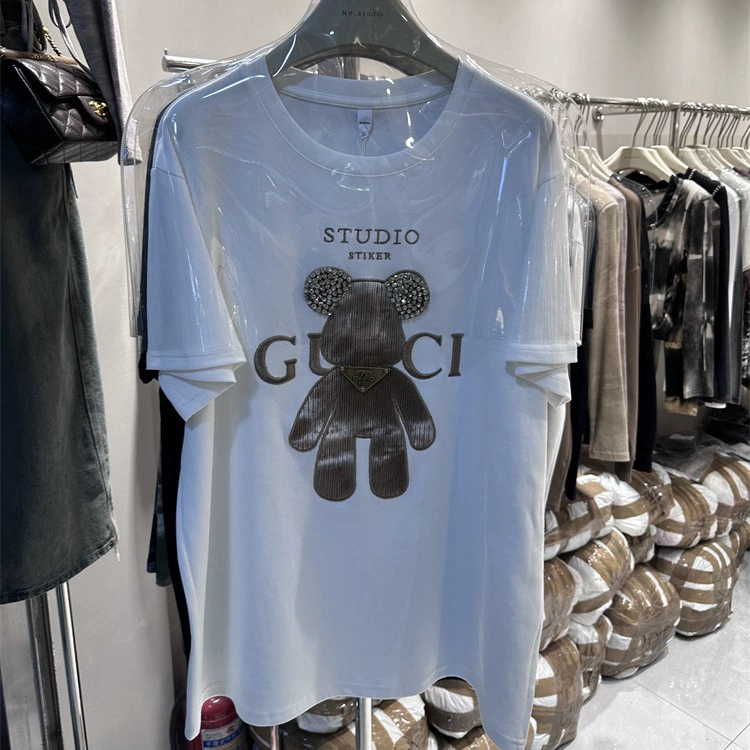 2024, весенняя новая стильная футболка с короткими рукавами и принтом медведя, европейский свободный топ средней длины с короткими рукавами большого размера для женщин, лето