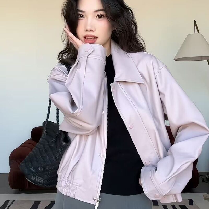 Women's Autumn Suit Purple Pu Leather Lapel Jacket Women's Fall 2026 New Style American Baseball Jacket