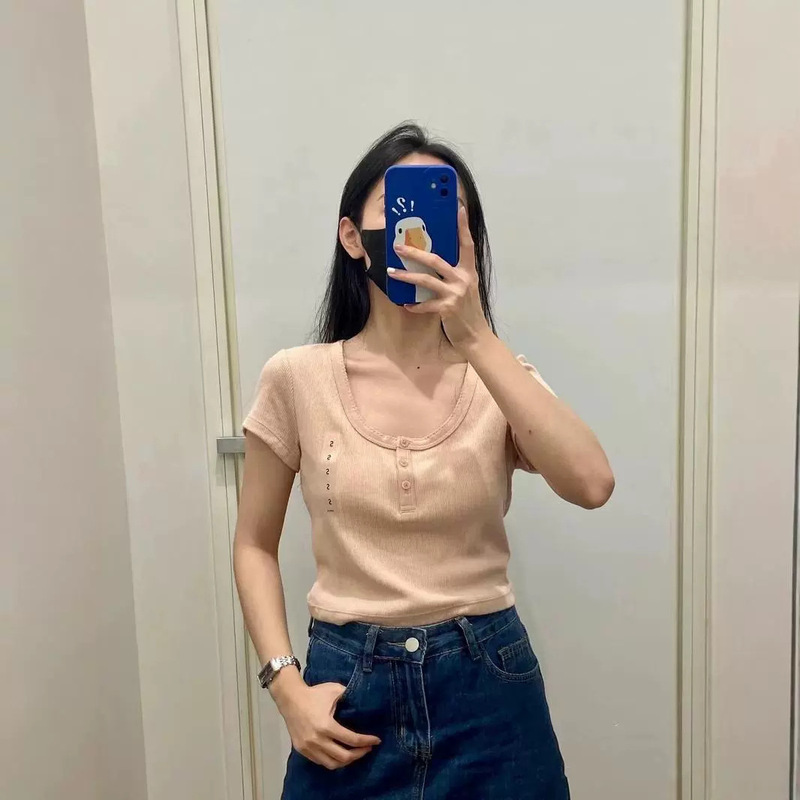 American Retro U-Neck Gray Right Shoulder T-Shirt for Women Summer Tight Sexy Short-Sleeved T-Shirt Slimming Look Navel-Baring Clavicle Short Top