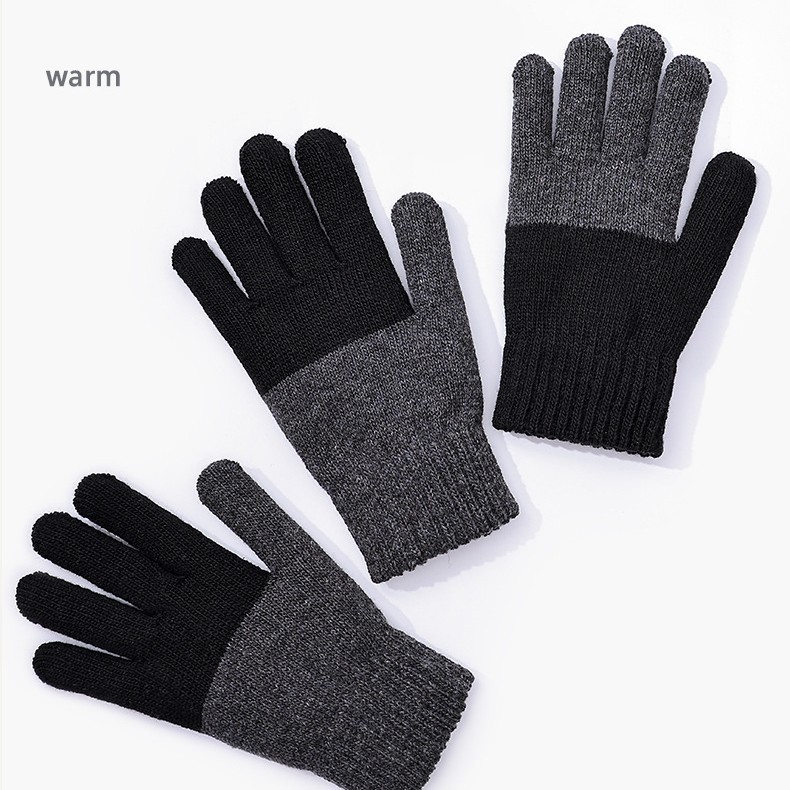Men's autumn and winter color matching plus size knitted thick warm finger cold proof wool outdoor sports cycling gloves_voghion.com