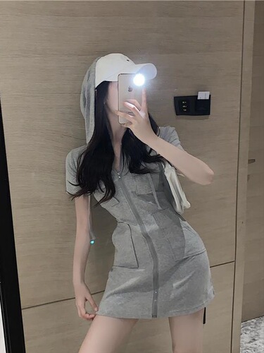 [6535 fish scale fabric] slim slimming, hooded, zipper, sweet or salty, short-sleeved dress, women's casual dress