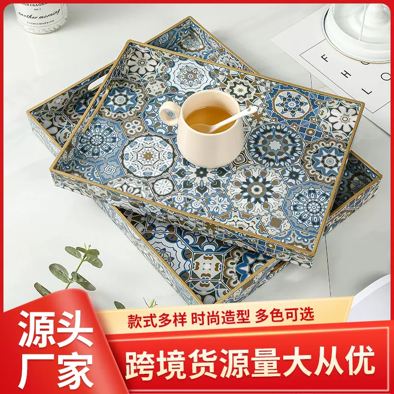 仿蓝色花砖装饰托盘 茶几装饰创意摆件托盘 法式轻奢塑料托盘批发