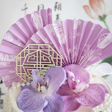 新中式国风蛋糕装饰蝴蝶兰花束青花瓷粉紫色扇子木质屏风插件插牌
