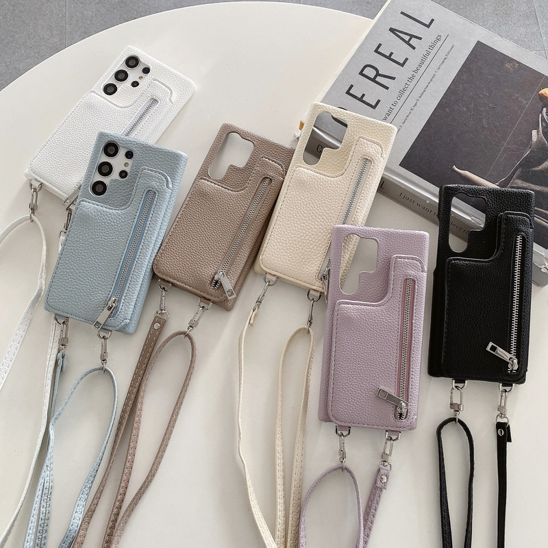 For Samsung S23u Two-fold Card Beauty Makeup Mirror Zipper Phone Case GalaxyS25 Litchi Pattern Half Bag Women