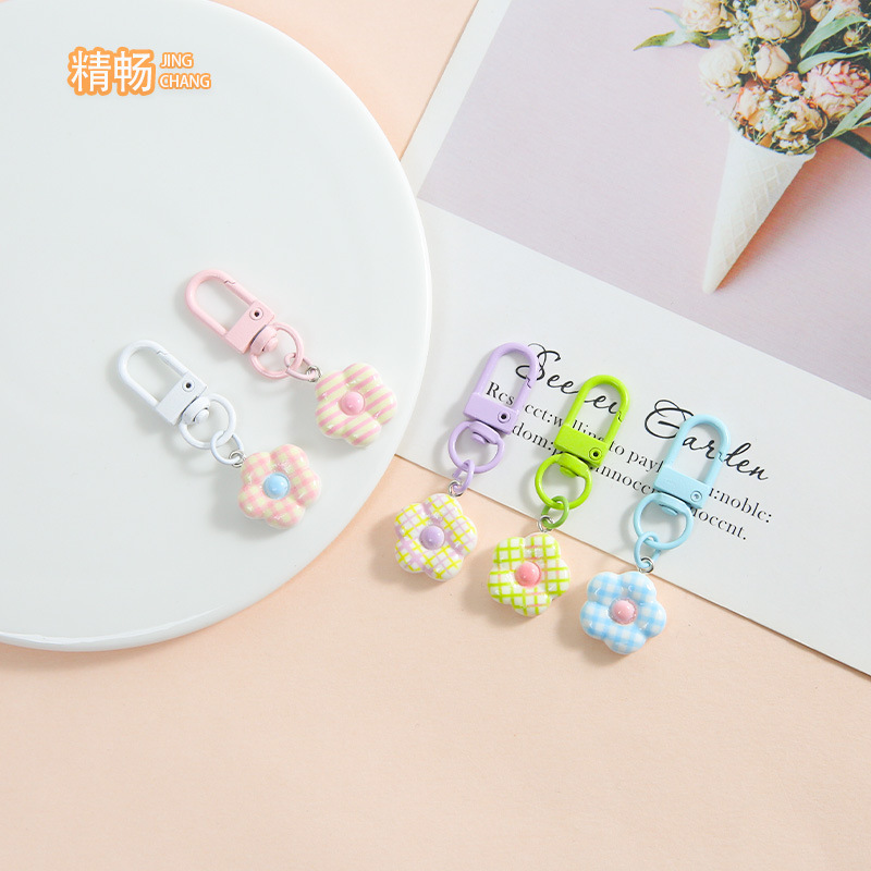 New Cute Plaid Flower Keychain Door Buckle Pendant Fresh Style Bag Accessories DIY Decoration Wholesale
