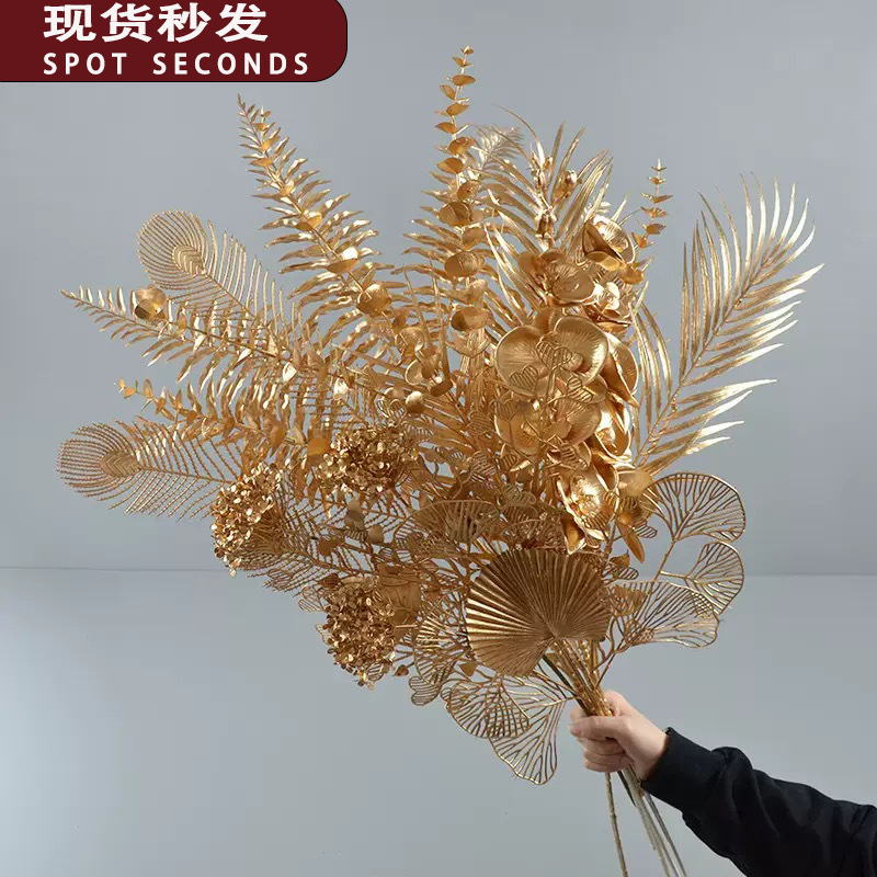 金色尤加利3叉扇叶新年福桶插花仿真冬青果婚房装饰花 年宵花批发