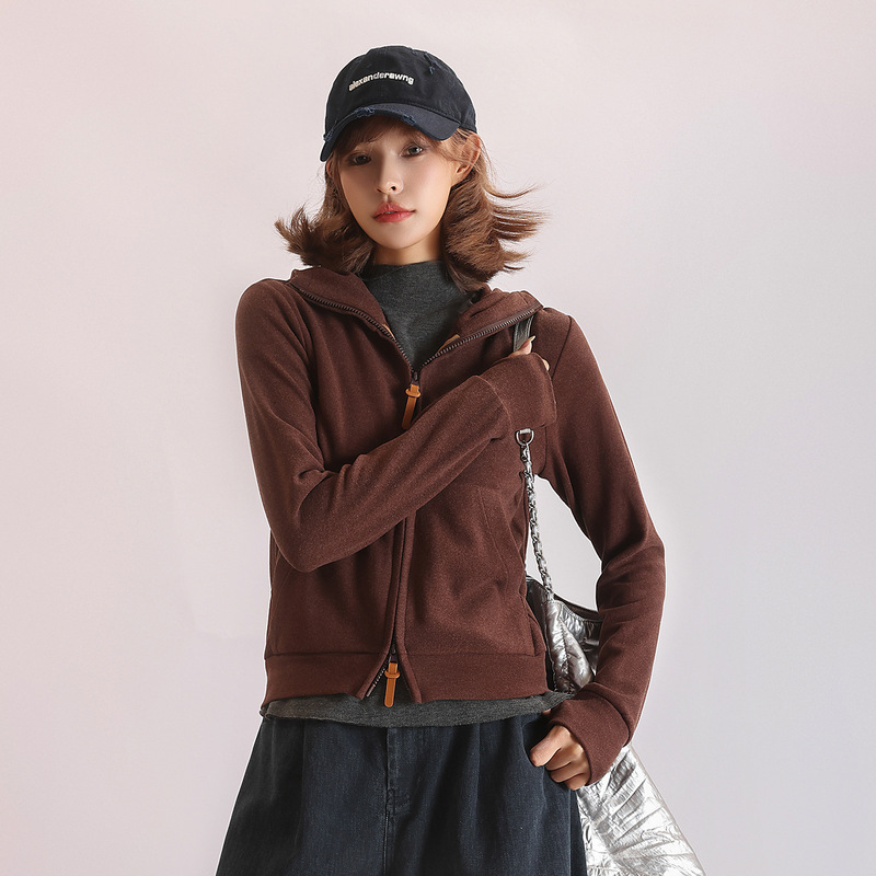 Spring, Autumn and Winter Warm German Velvet Thickeneded Stand-Up Collar Hooded Short Jacket Double Zipper Sweatshirt Md5245