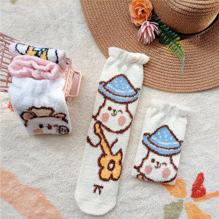 Winter Snow Socks Women's Mid-tube Japanese Style Cute Coral Fleece Floor Socks Thickened Warm Home Moon Socks
