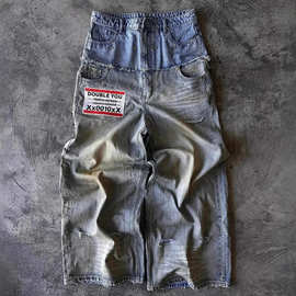 欧美跨境复古街头嘻哈磨边拼接双腰破洞铆钉宽松阔腿直筒牛仔裤