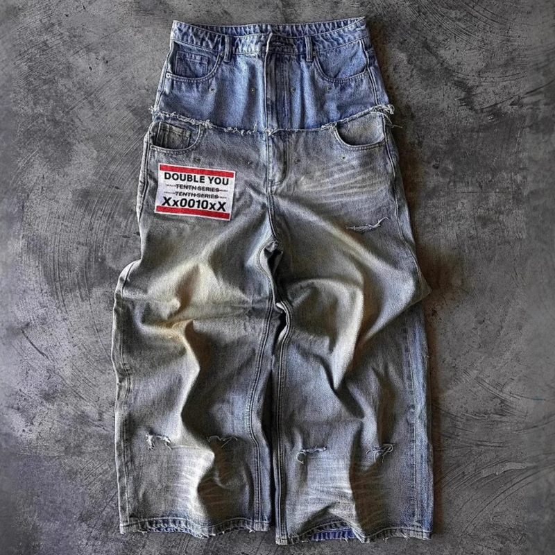European and American Cross-border Retro Street Hip-hop Grinding Stitching Double Waist Ripped Rivet Loose Wide-leg Straight Jeans