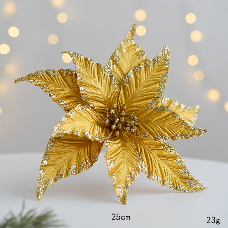 Adornos navideños de tela, flores doradas y plateadas para decoración de árbol