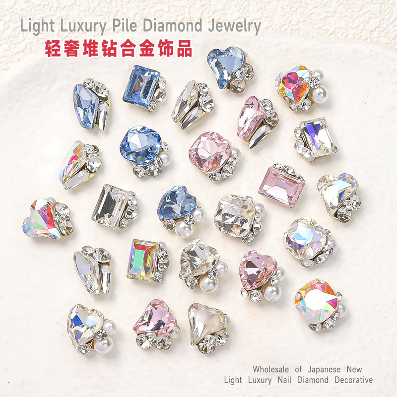 Popular online celebrity nail art Crystal pile Diamond finished product super shiny crooked heart rectangular right angle hand-inlaid Pearl nail decorations