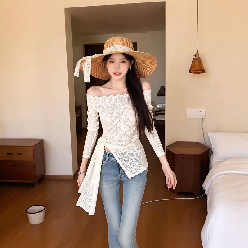 Lace off-shoulder long-sleeve top for women, spring and autumn design, waist-cinching, slimming, off-shoulder base shirt, fashionable and elegant outfit Lace off-shoulder long-sleeve top for women, spring and autumn design, waist-cinching, slimming, off-shoulder base shirt, fashionable and elegant outfit