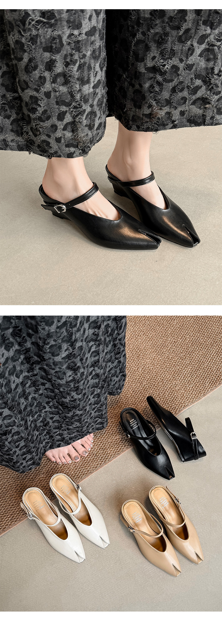 Giày mule nữ da thật quai ngang mũi nhọn gót xuồng cao 9 cm — màu đen, màu trắng ngà, màu mơ chi tiết 15