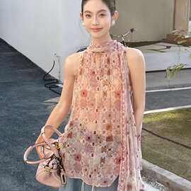 26春夏新款仙女粉挂脖长飘带上衣气质名媛风背心16