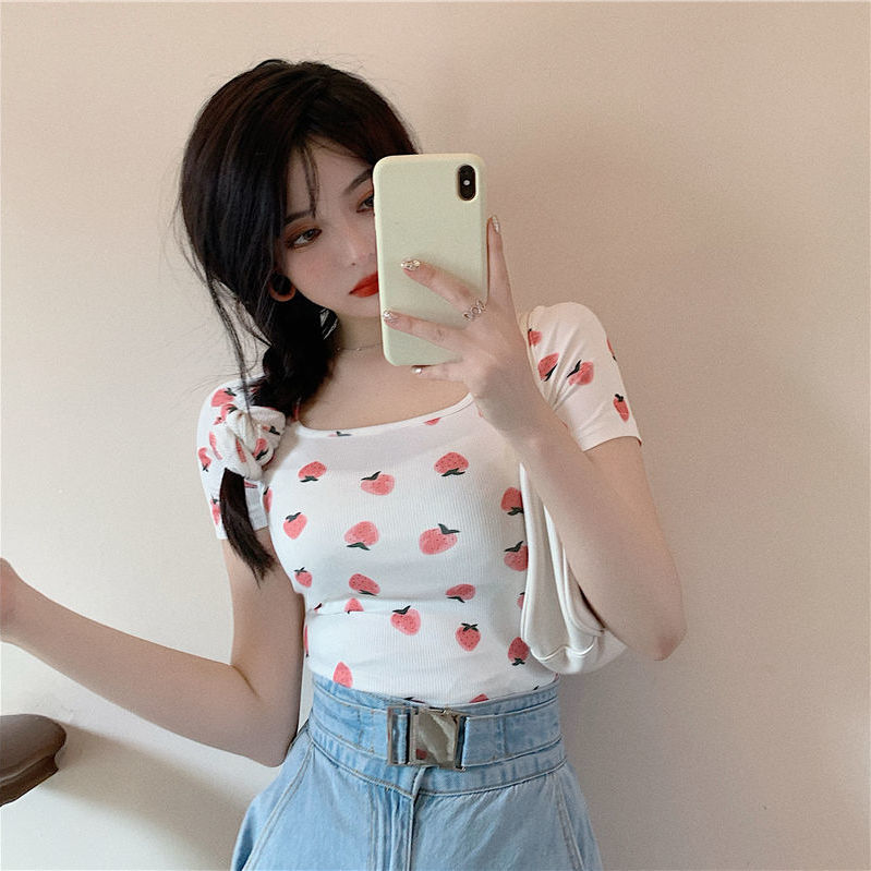 Dulce chica caliente sexy cuello cuadrado Camiseta corta Mujer primavera y otoño versátil Slim adelgazante camisa de fondo Top mujer estudiante moda image 4