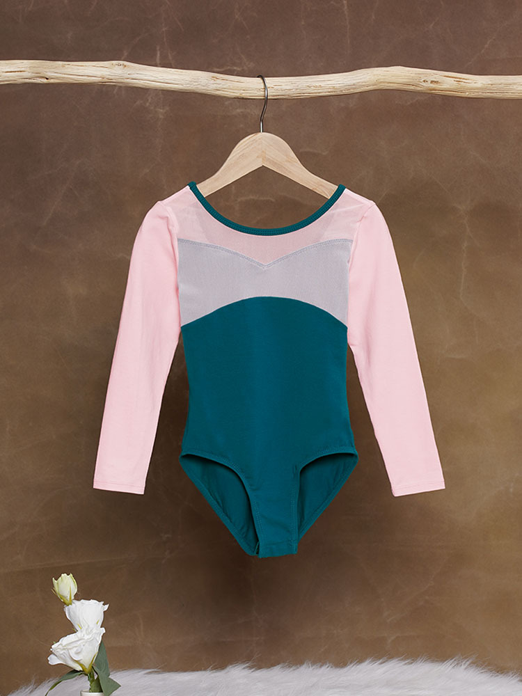 Traje de baile para niños Traje de entrenamiento de manga larga de primavera para mujer Traje de gimnasia de dos piezas falso Traje de ballet con costuras de color en contraste Traje de rendimiento