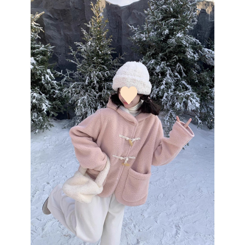 (2개) 양모 기모 따뜻한 호른 버클 긴소매면 패딩 코트 여성의 가을 새 가을과 겨울 두꺼운 코트 탑