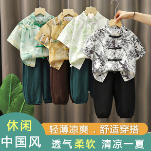 Boys' Chinese-Style Suit 2025 New Trendy Baby Hanfu Summer Short-Sleeve Cropped Pants New Chinese-Style Buttoned Tang Suit