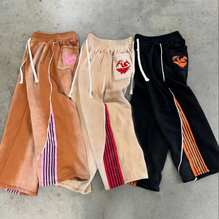 European and American Autumn and Winter High Street Hip-Hop Trendy Casual Color-Blocking Unisex Versatile Drawstring Wide-Leg Straight Sweatpants Khaki