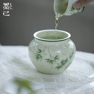 墨己小苍翠青竹陶瓷建水手绘家用废水缸茶道配件水盂茶席废水缸