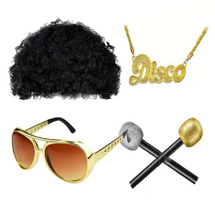 European and American 80 Retro Dress up Elvis Presley Microphone Glasses Necklace Cos Wig Halloween Stage Performance Party Set