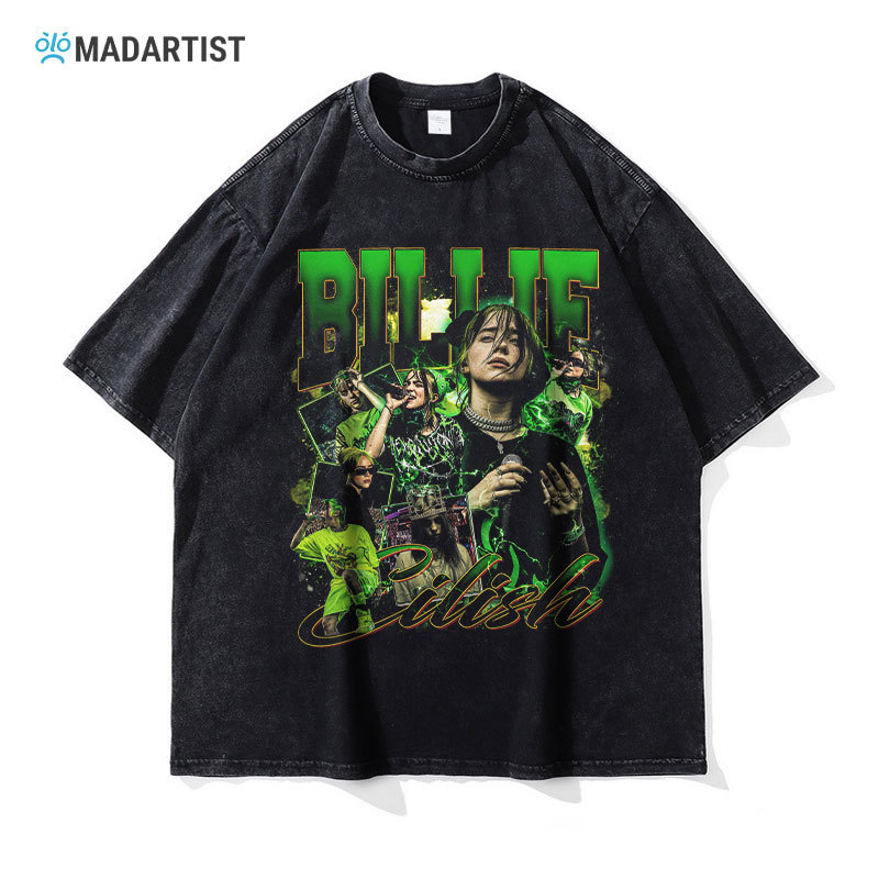 Madartist Singer Billie Eilish Washed Vintage T-Shirt Billie Eilish American Retro Short-Sleeve