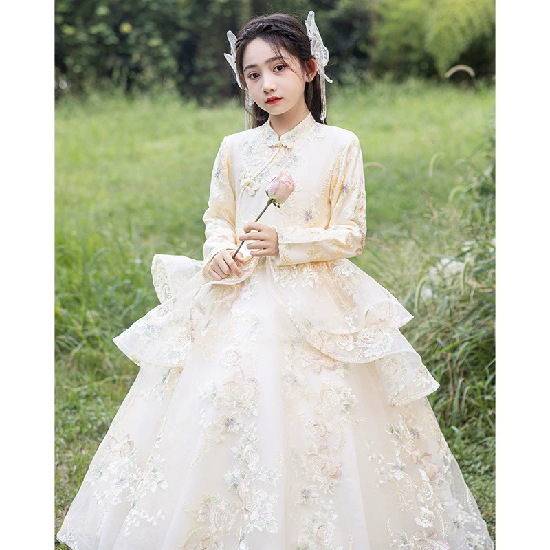 Piano performance costume, children's long-sleeve, small princess costume, flower girl dress, Birthday gift, tutu skirt