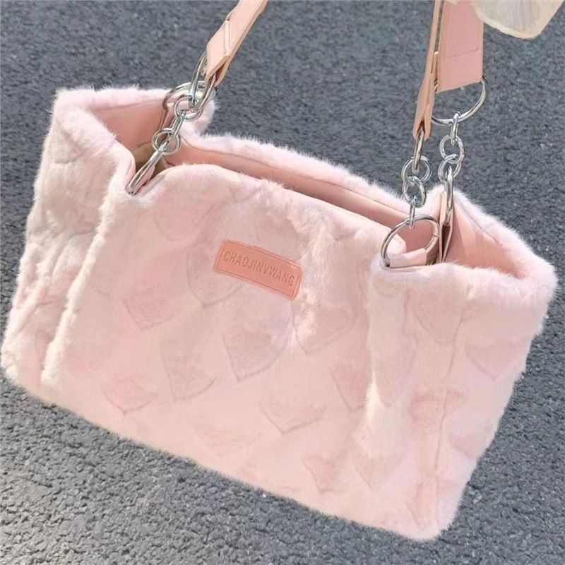 Ace新款大容量毛绒爱心包包女2022新款秋冬可爱毛茸茸单肩托特...