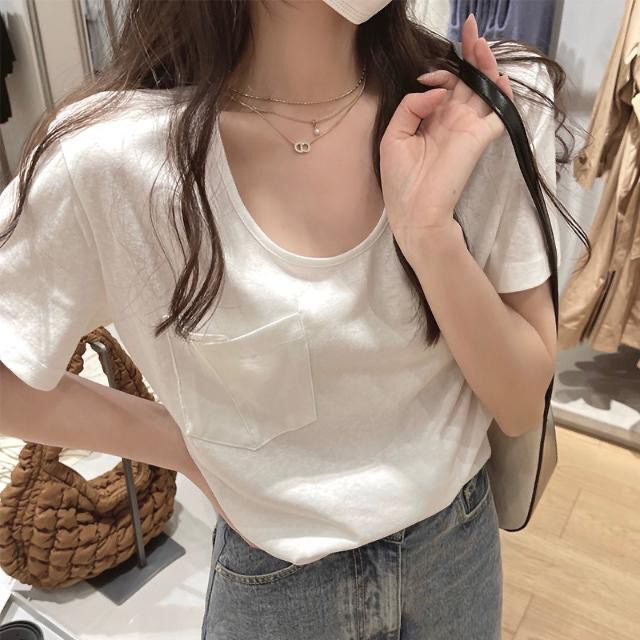 White Short-Sleeve T-Shirt for Women, Summer New Design with Pockets, Loose Casual Solid Color Top Ins