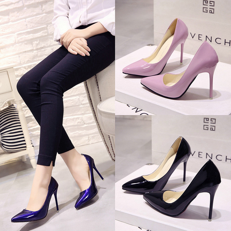 Black blue high heels nude heels pointed-toe made of patent leather