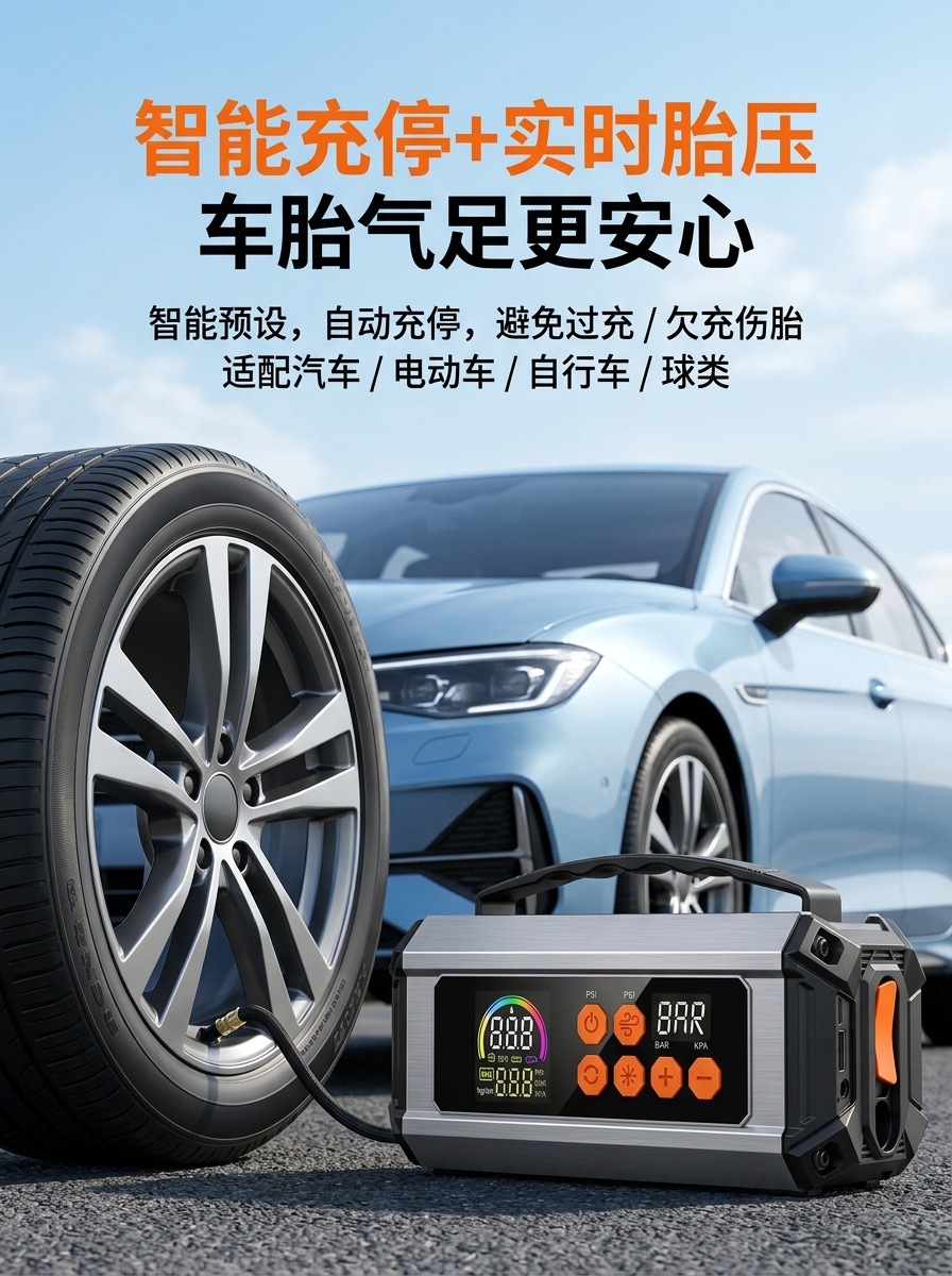 Car Air Pump, Multi-Functional Portable Electric Car Air Pump, Emergency Jump Starter