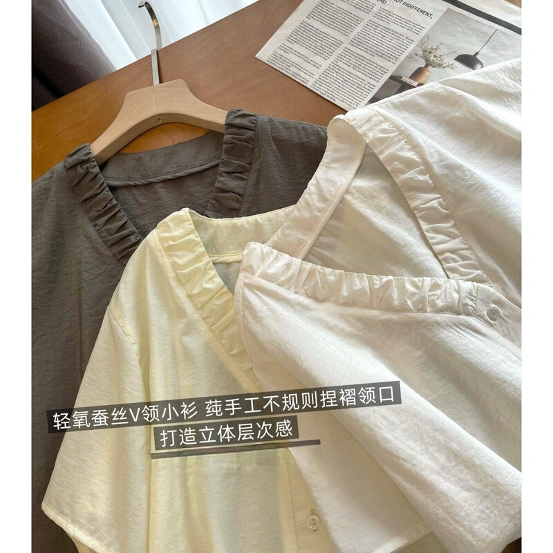 【Light Oxygen Silk】Natural Wrinkled Silk Modal Textured V-Neck Versatile Blouse for Women Summer H061210