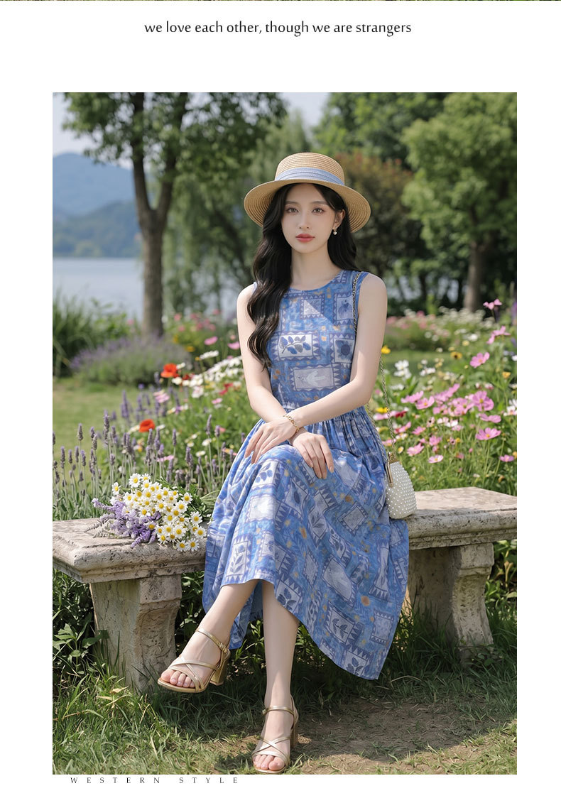Đầm maxi nữ họa tiết hoa nhí không tay cổ tròn dáng suông thắt eo — Màu ảnh chi tiết 8