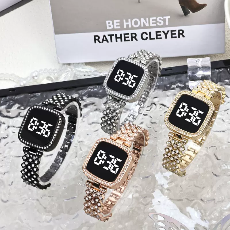 小清新方形女士镶钻表LED合金触摸时尚外贸个性电子表