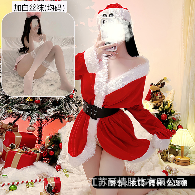 빨간 옷 벨트 크리스마스 모자 화이트 스타킹