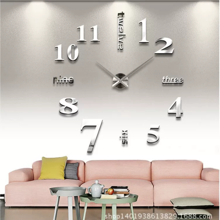 Oversized DIY Wall Clock, EVA Mirror Panels, 120×120 cm, Silver/Gold/Black Options