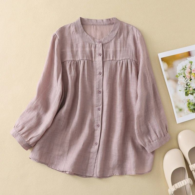 Foreign Trade Italian Women's *** Discount Cotton and Linen Shirt Thin Top Loose Slimming Seven-point Sleeve Solid Color Shirt
