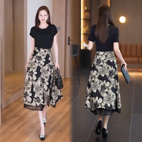 Temperament double-sided floral skirt women's clothes 2025 new spring and summer high-waist slimming a-line skirt package hip skirt