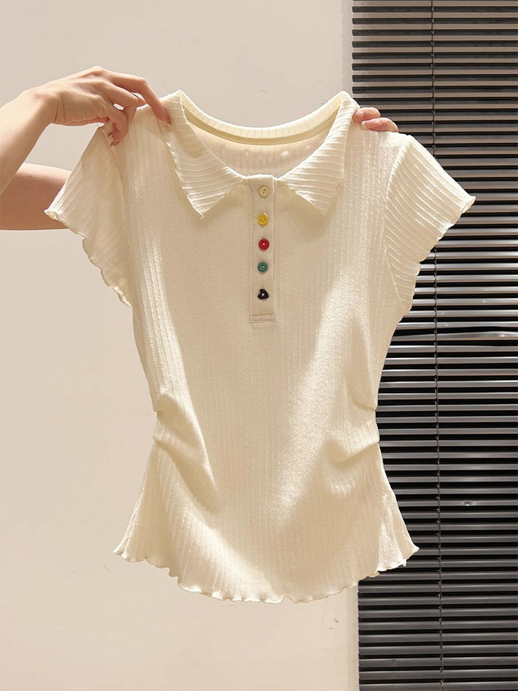 Áo thun polo nữ tay ngắn cổ bẻ cúc màu, kiểu thắt eo xếp nếp viền bèo mùa hè — màu mơ