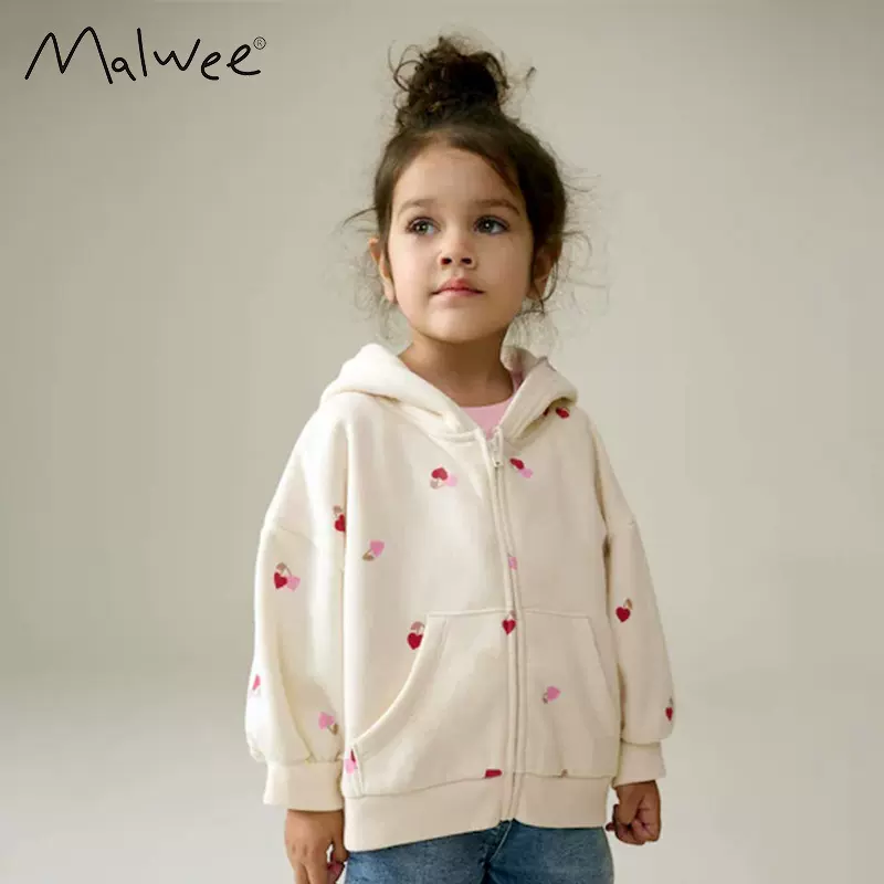 跨境malwee女童外套秋冬新款欧美中小童卫衣连帽拉链衫儿童装上衣