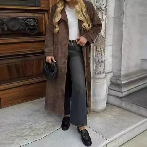 Cross-Border Retro British Style Suede Lapel Double-Breasted Long Trench Coat for Women, Autumn and Winter Street Commuter Coat Cross-Border Retro British Style Suede Lapel Double-Breasted Long Trench Coat for Women, Autumn and Winter Street Commuter Coat
