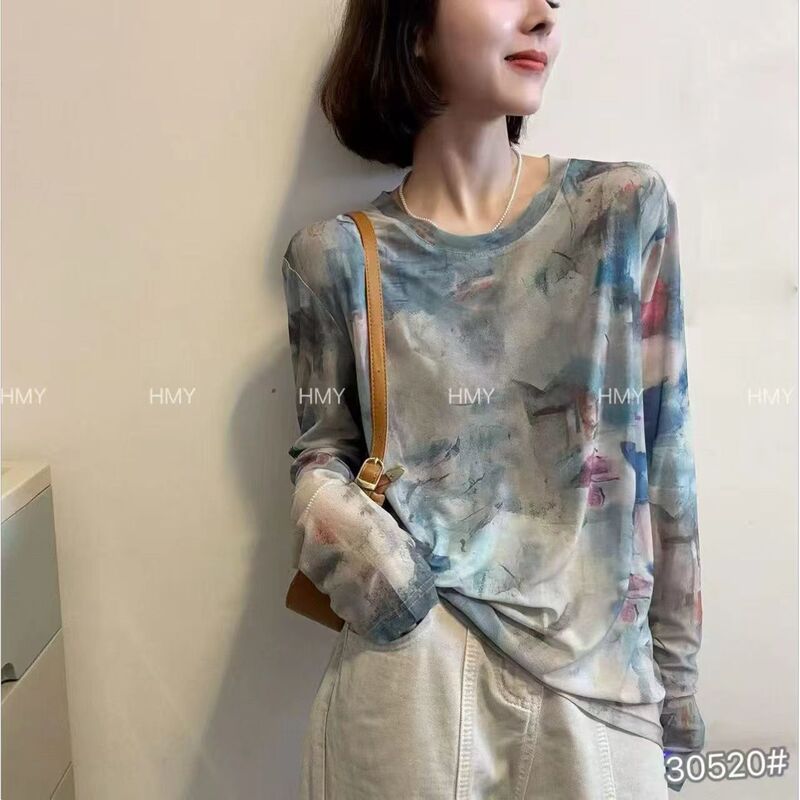 2025 New Summer Tie-Dye Ink Mesh Round Neck Long-Sleeved T-Shirt Women's Loose Thin Slightly See-Through Sun Protection Top