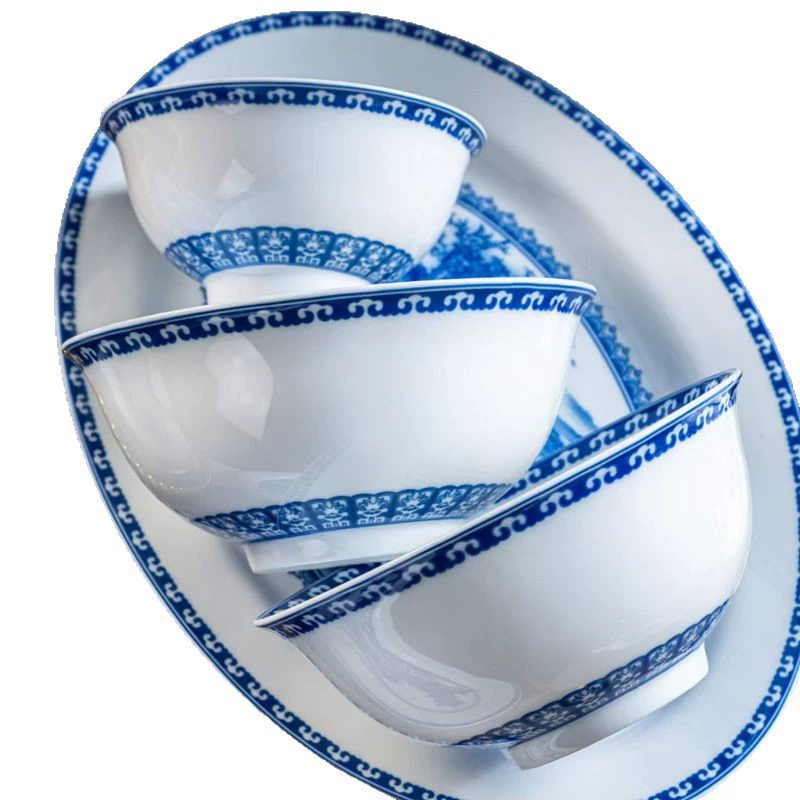 Городской шарм Jingdezhen фарфор. Длинный лужаоу павильон синий и белый фарфор посуда миски и ложки белый фарфор толстые пригодна для microwave обновитель подарочная упаковка