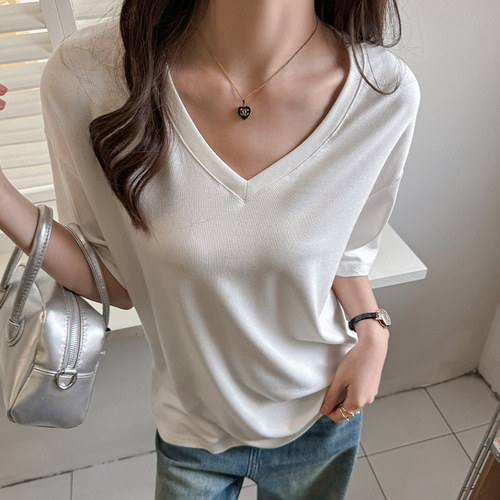 V-neck large-size loose BM lazy style versatile shoulder-length short-sleeved T-shirt for women, slim T-summer hot girl top trendy