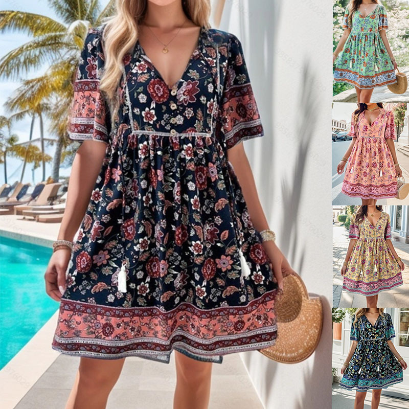 European and American Clothing Amazon Shein Cross-Border 2024 Spring and Summer Casual Vacation Printed Short-Sleeved Dress