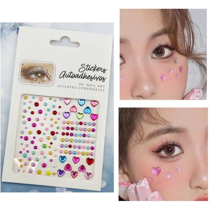 Colorful Heart Stickers with Diamonds, Laser Diamond Nail Art Patches, Face Makeup Accessories, Eye Makeup Stickers with Diamonds, Long Strips of Bright Diamonds