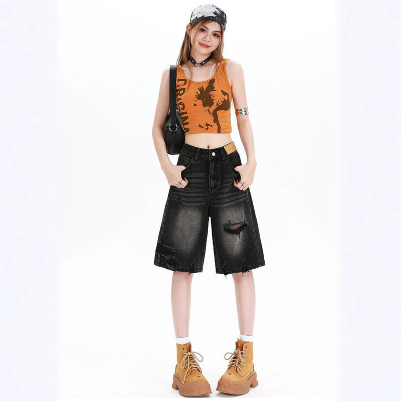 La Chapelle black and gray ripped denim shorts for women, summer 2026 new American style loose slimming mid-length pants