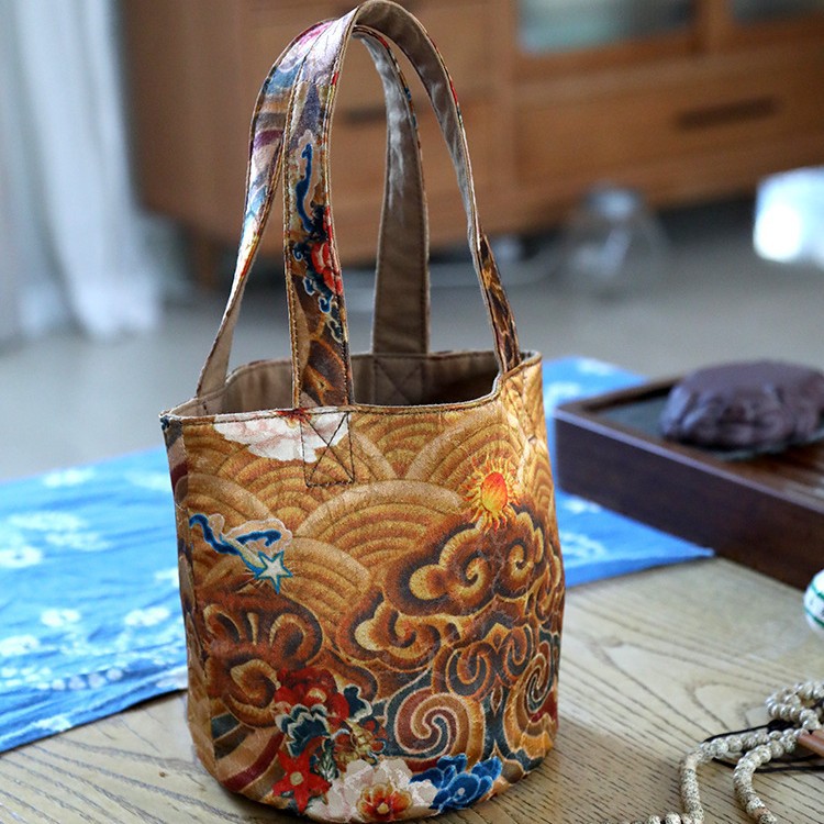 文艺水桶包女香云纱新中式桑蚕丝复古国风手提拎女士小包缎面包包